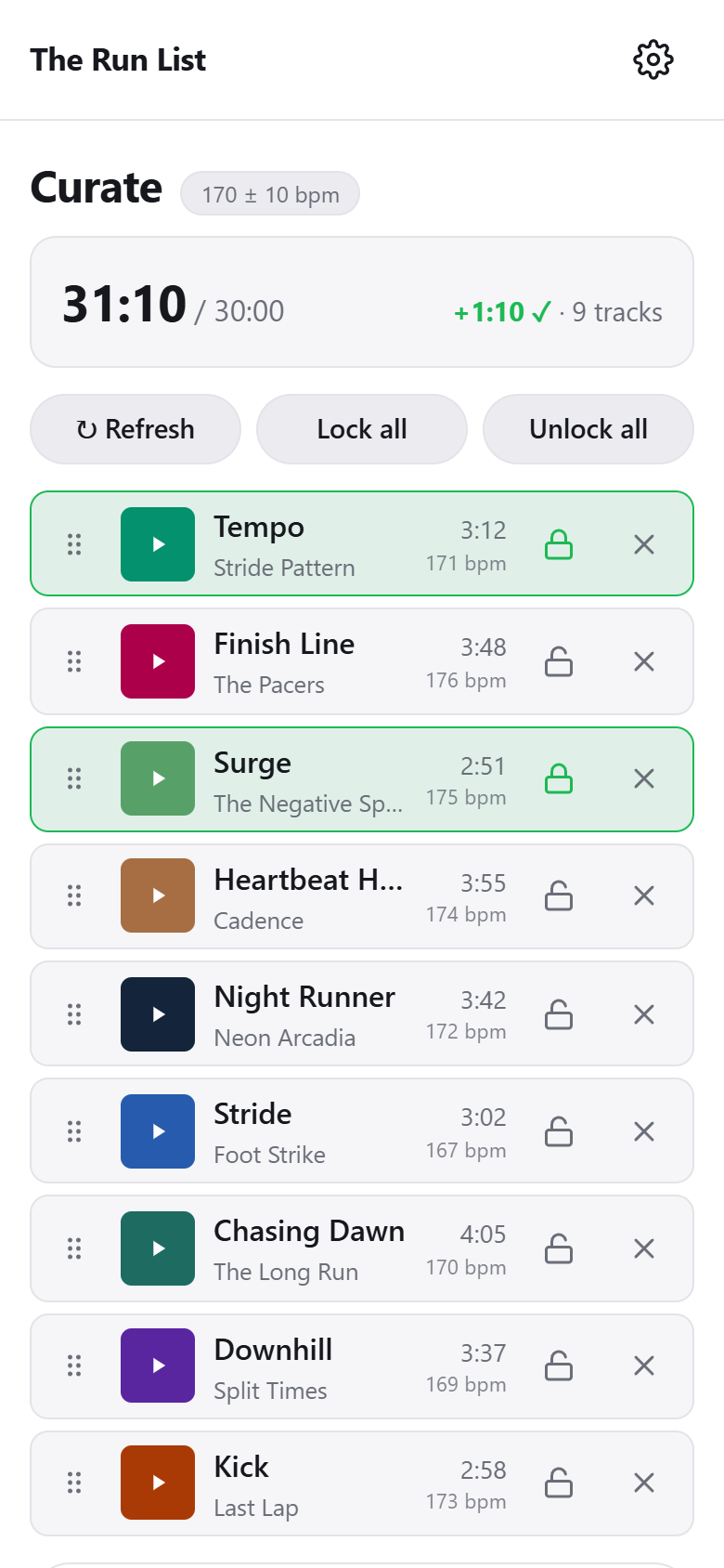 Curate screen: lock, refresh and reorder the generated track list
