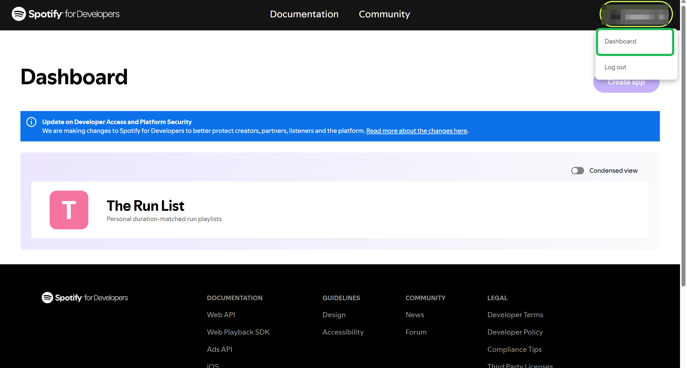 Spotify for Developers: account menu open with Dashboard highlighted