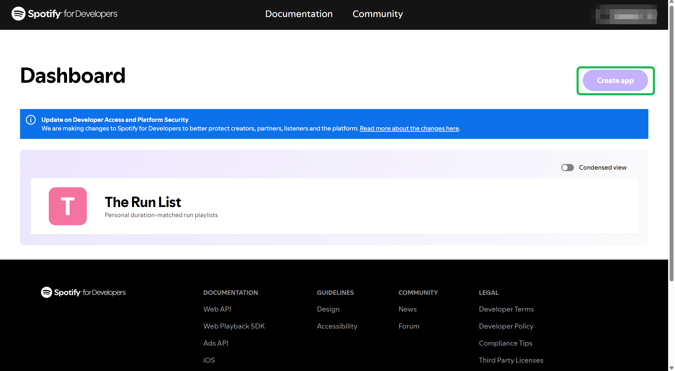 Spotify Developer Dashboard with the Create app button highlighted