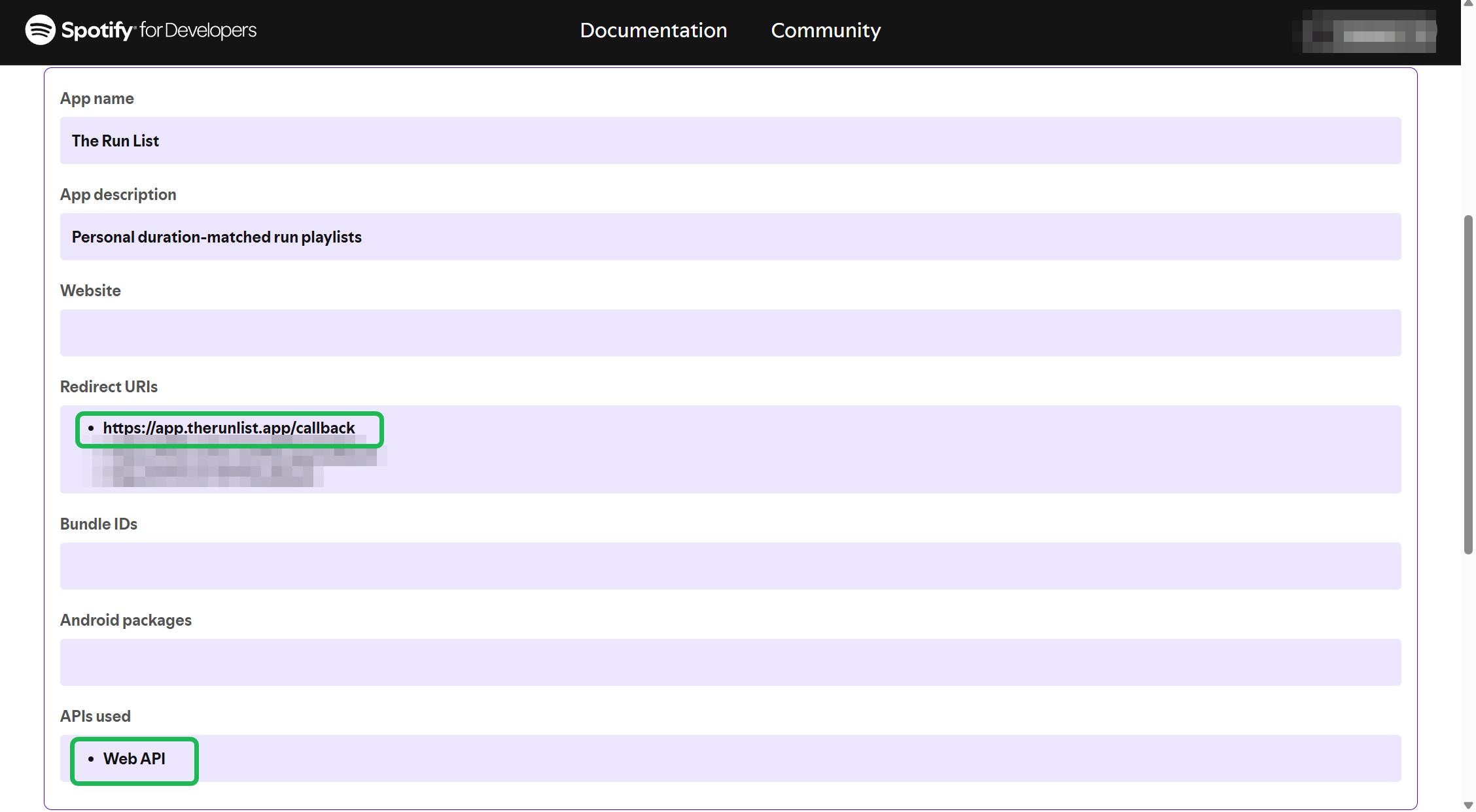 The app settings showing the correct Redirect URI and Web API highlighted