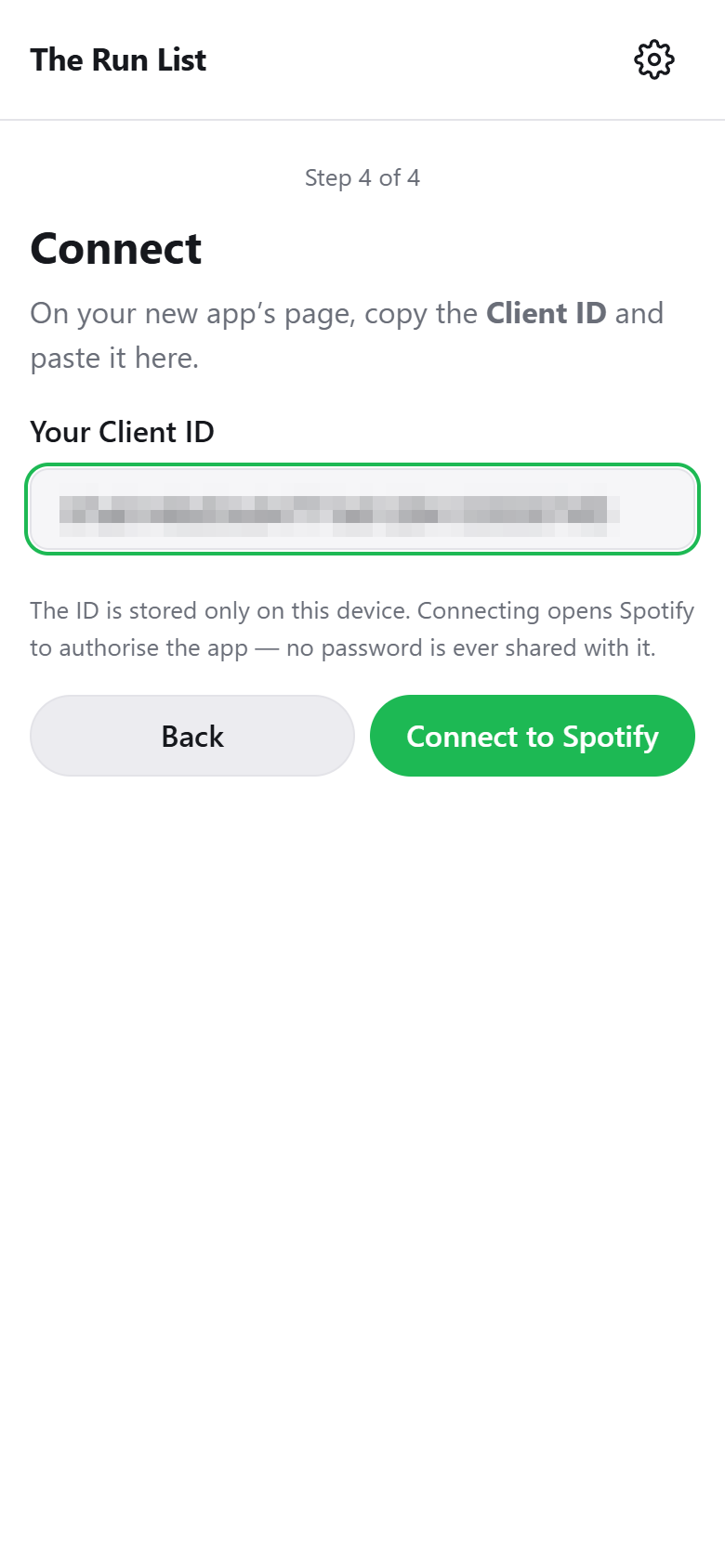 The Run List setup step 4: paste the Client ID and connect