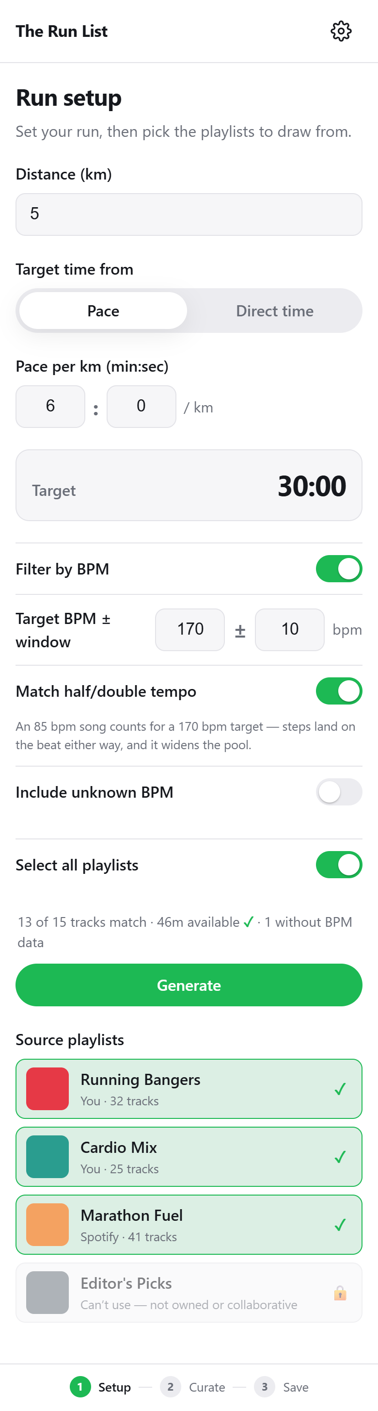 Run setup screen: distance, pace, BPM filter and playlist selection
