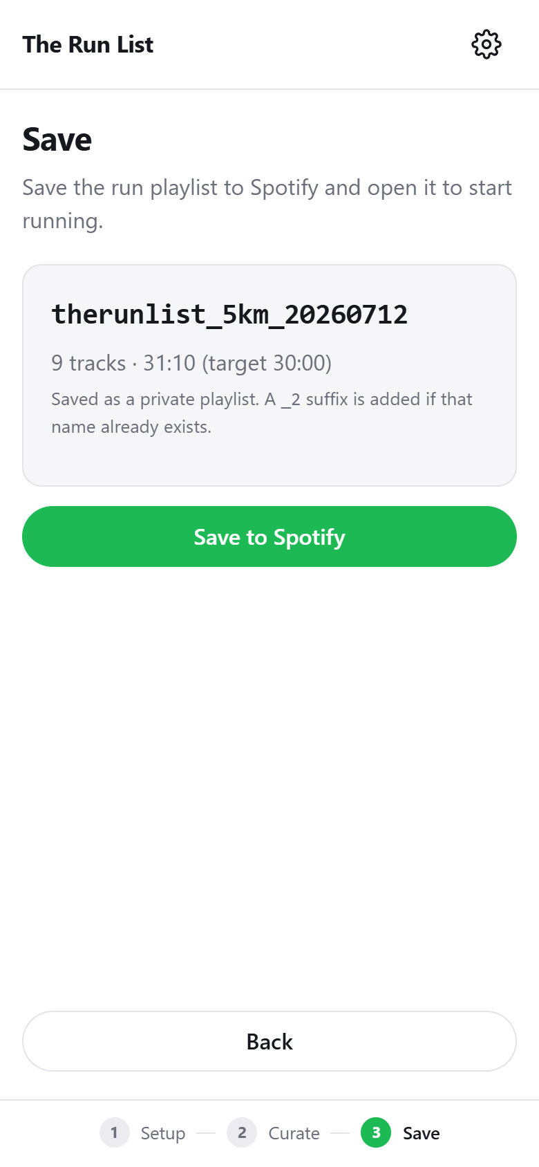 Save screen: the playlist name preview and Save to Spotify button